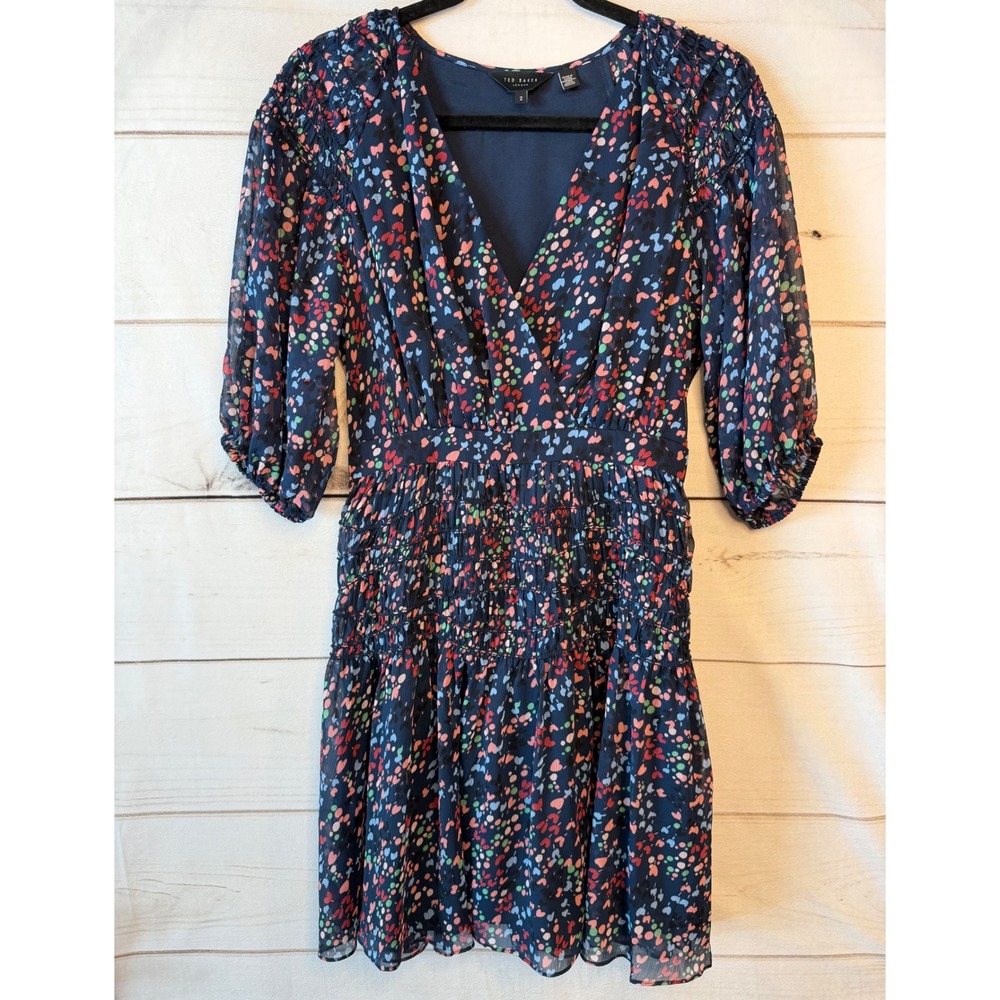 Ted Baker London Casadee Heart Print Smocked Mini Dress Navy Blue Multi Size 2